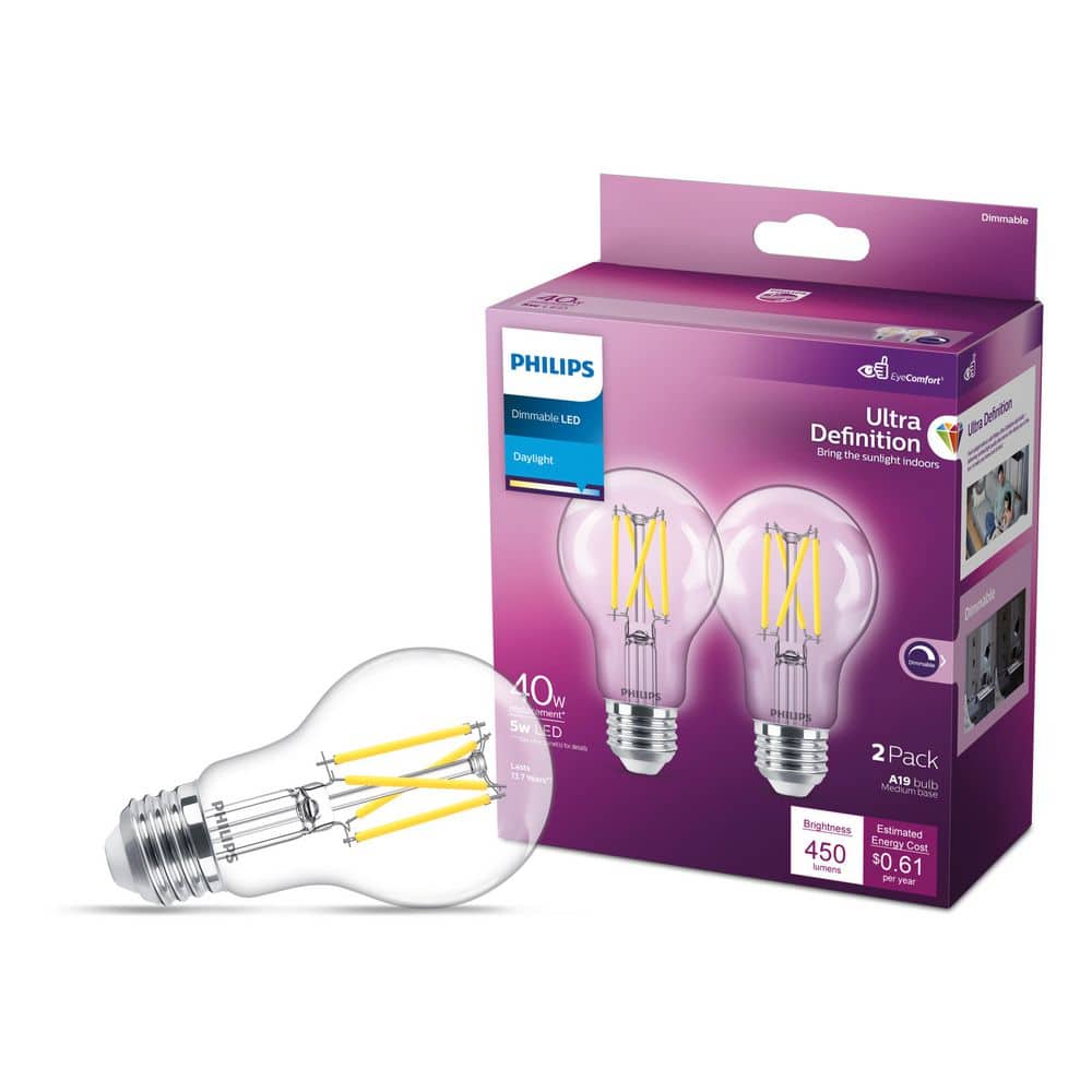 40-Watt Equivalent A19 A-Style Ultra Definition Dimmable Clear Glass E26 LED Light Bulb Daylight 5000K (2-Pack)