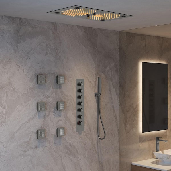 GRANDJOY 28 in. Rectangle Aurora 6-Spray Ceiling Mount Fixed and Handheld Dual Shower Head 2.5 GPM in Brushed Nickel