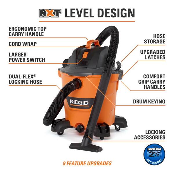 Ridgid 12 Gallon 5.0 Peak HP NXT Wet/Dry Shop Vacuum with Filter, Hose, Accessories and Additional 20 ft. Tug-A-Long Hose