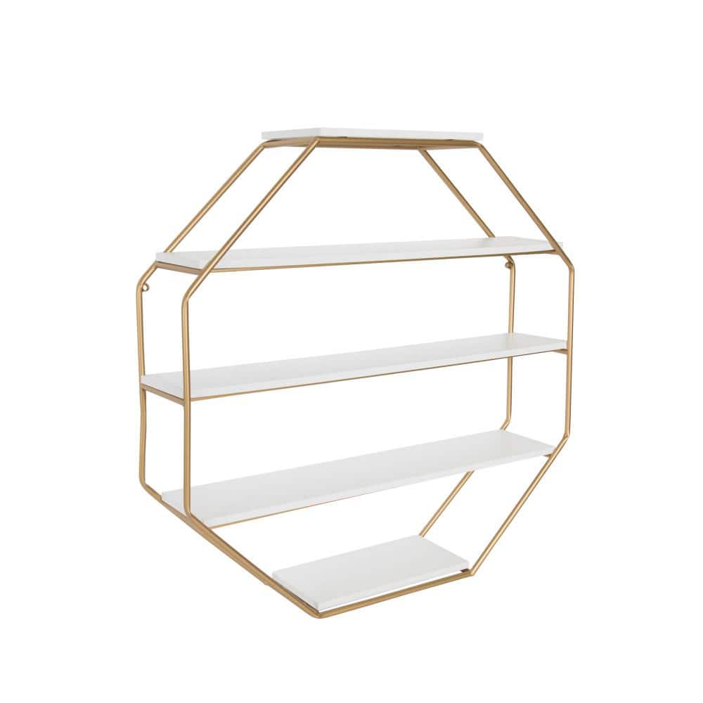 White and Gold Octagon Floating Wall Shelves with Metal Frame