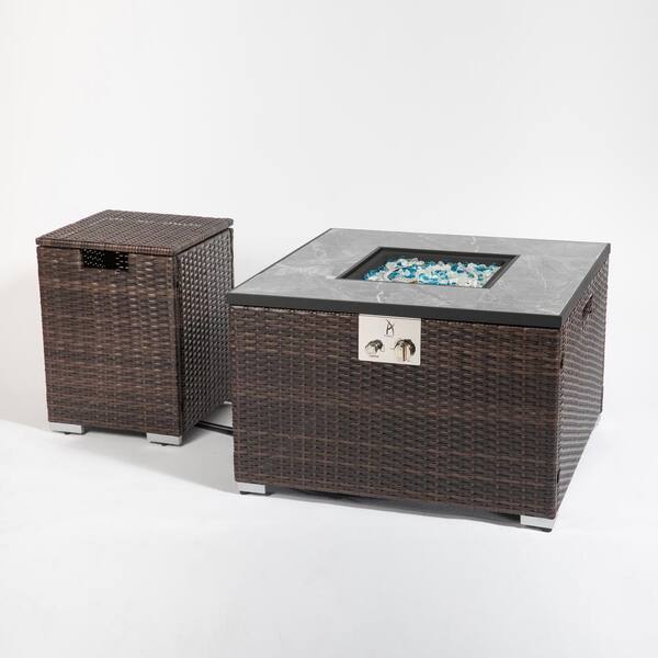 Cesicia 32 in. Brown Wicker Square Outdoor Fire Pit Table with Propane ...