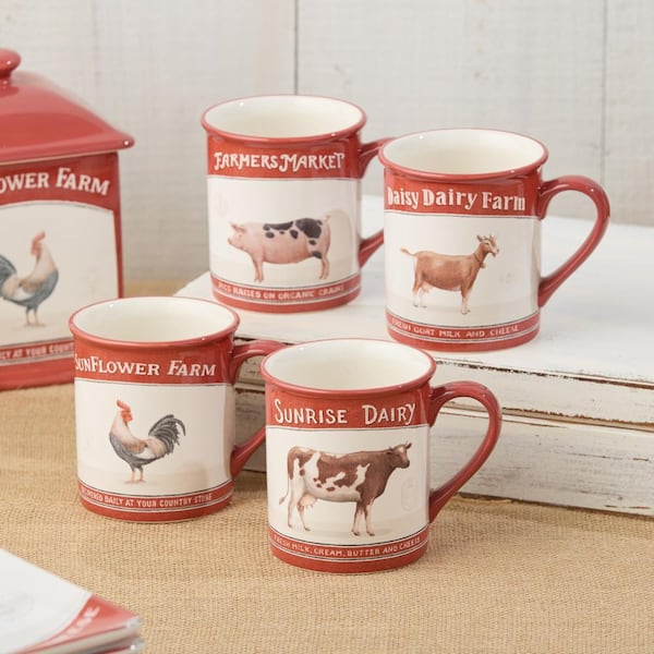 Vintage Farm Mugs Set of 4 with Farm Animals - 16 oz. Coffee Mugs