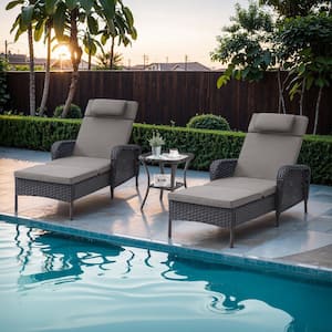 ArcoBay 3-Piece Brown Wicker Outdoor Chaise Lounge Rattan Chaise Lounge with Olefin Gray Cushions and Side Table