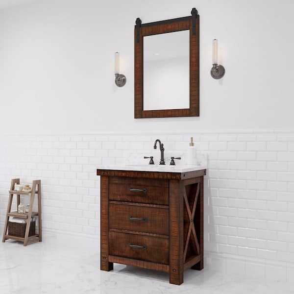 Water Creation Aberdeen 30 in. W x 22 in. D Vanity in Rustic Sienna with Marble Vanity Top in White with White Basin, Faucet and Mirror