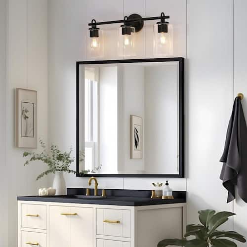 Modern Black Bathroom Vanity Light with Cylinder Clear Glass Shades 22 in. 3-Light Minimalist Powder Room Wall Sconce Home