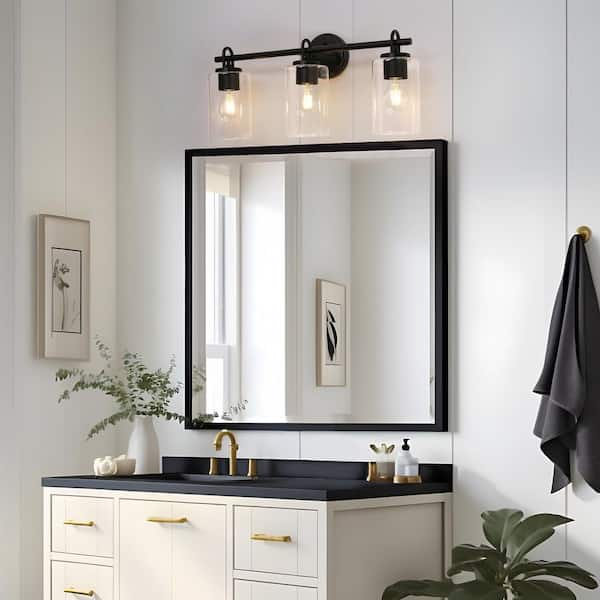 Modern Black Bathroom Vanity Light with Cylinder Clear Glass Shades 22 in. 3-Light Minimalist Powder Room Wall Sconce