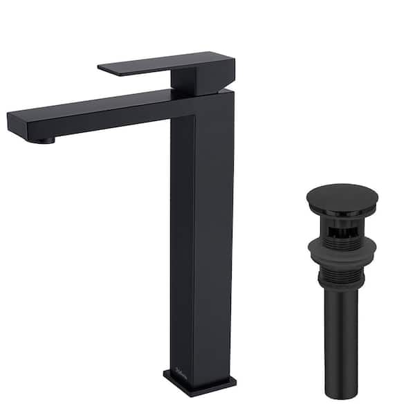 Single Handle Waterfall Bathroom Vessel Sink Faucet with Pop-up Drain Kit in Matte Black