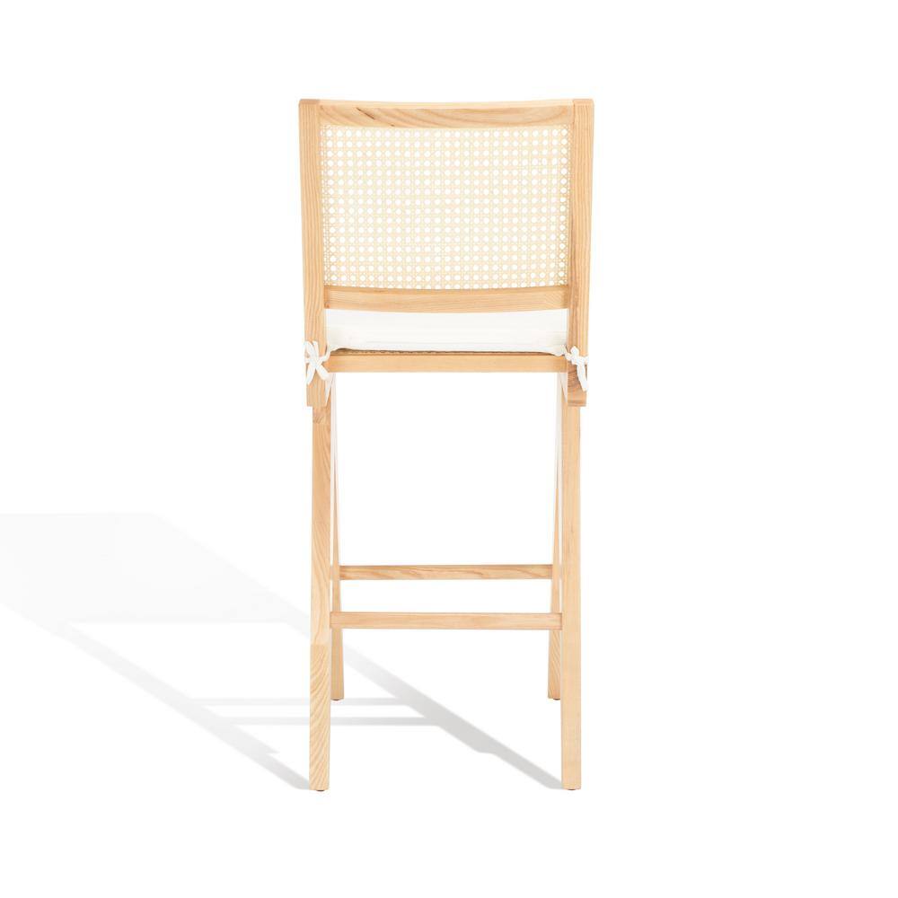 Natural Ash Wood and Rattan Bar Stool with White Cushion
