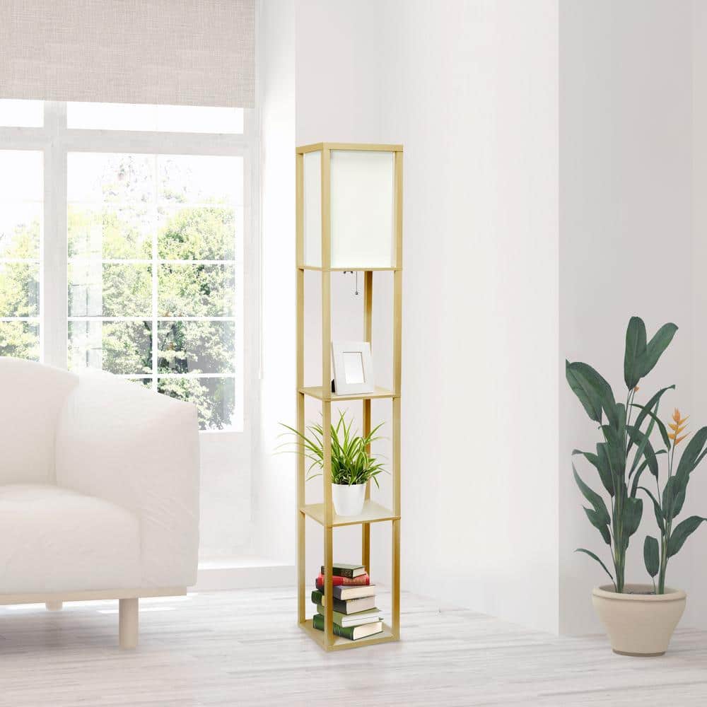 Tan Multifunctional Floor Lamp with Linen Shade and Storage Shelves