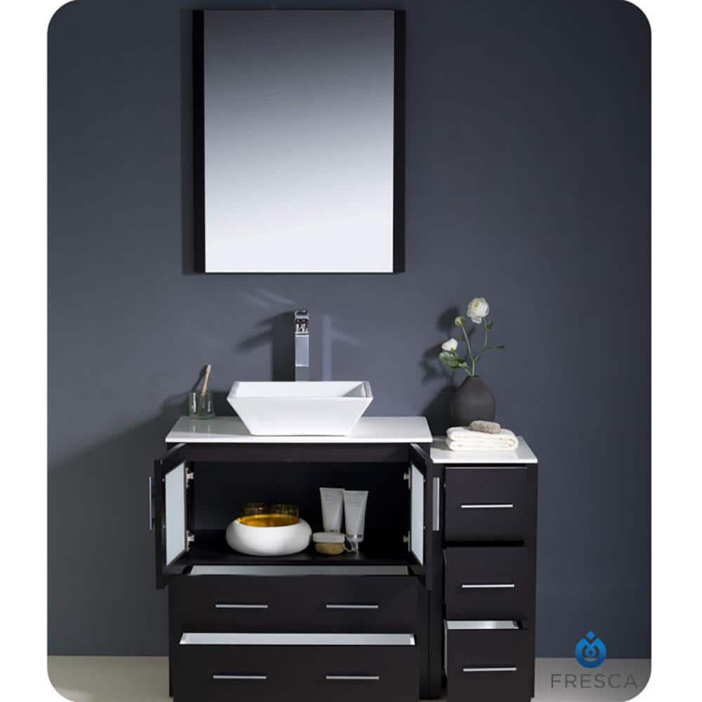 Espresso Engineered Wood 42" Freestanding Vanity Base with Frosted Glass Doors