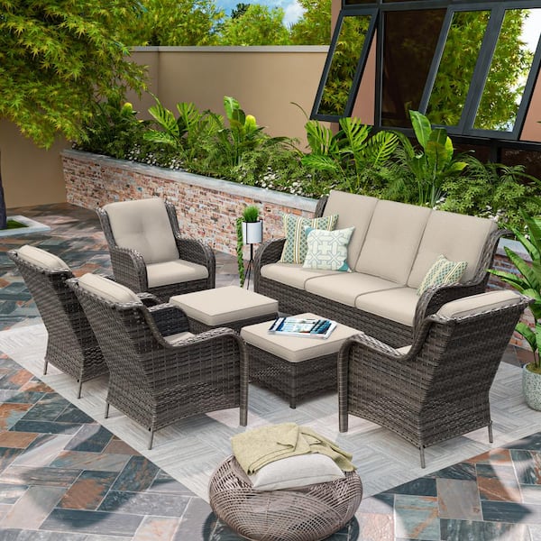MeetLeisure Brown 7-Piece Wicker Outdoor Patio Conversation Sofa Set with Beige Cushion