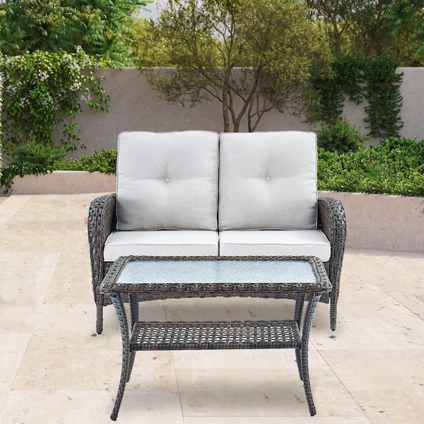 Opohoro PlainCurve 2-Piece Brown Wicker Outdoor Loveseat and Coffee Table Set with Beige Cushions
