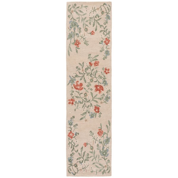 Martha Stewart 2 ft. x 9 ft. Beige/Red Floral Vines Runner Rug