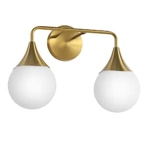 16.8 in. 2 Light Brushed Gold Vanity Light with Milk White Globe Glass Shade