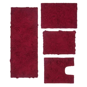 Modesto Bath Rug 100% Cotton Bath Rugs Set, 4-Pcs Set with Runner, Red