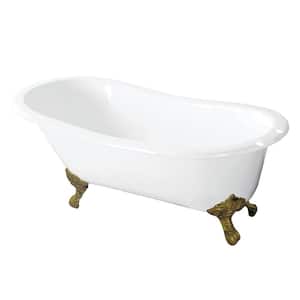 54 in. Cast Iron Slipper Clawfoot Bathtub in White with 7 in. Deck Holes, Feet in Polished Brass