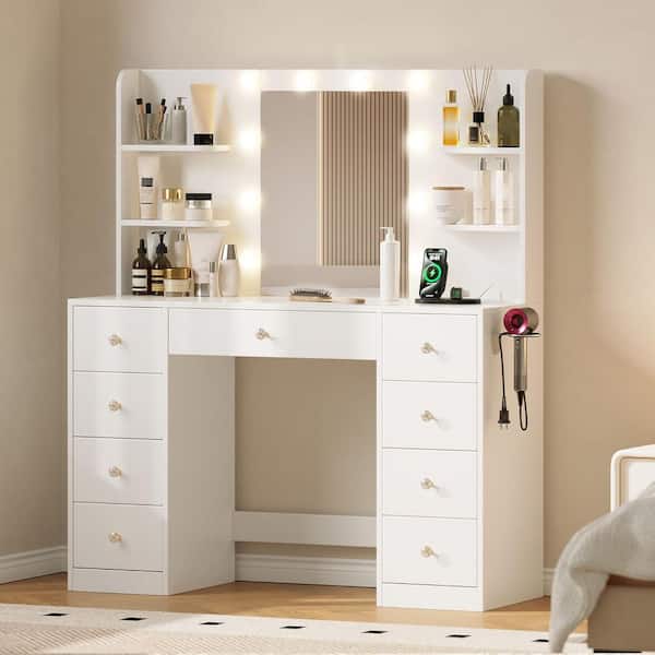 Modern 1-Piece White Makeup Vanity Set Dressing Desk with LED Bulb Mirror, Drawers, Storage Shelves