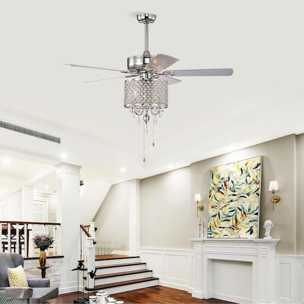 Unbranded 52 in. Smart Indoor/Outdoor Chrome Ceiling Fan with Remote Control and 5 Blades Reversible AC Motor Crystal Fan Light