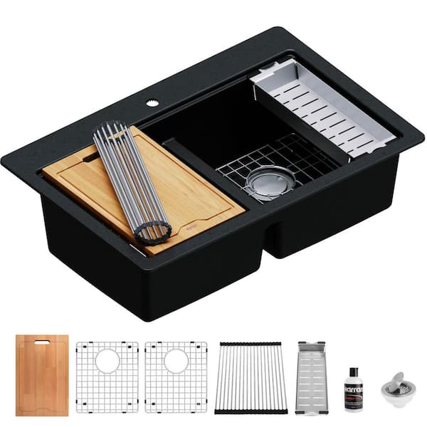 QTWS-880 qt. 33 in. Double Bowl Drop-in Workstation Kitchen Sink in Black