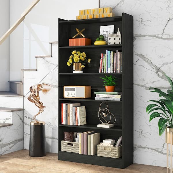 BYBLIGHT Eulas 72 in.Tall Black Wood 5-Shelf Standard Bookcase and