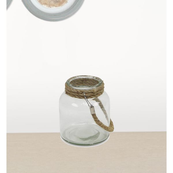 HomeRoots 6 in. Clear and Brown Glass Jar with Rope