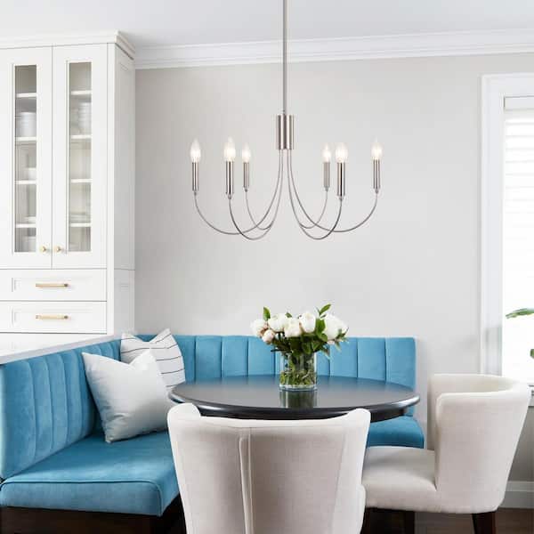 6-Light Nickel Candlestick Hanging Linear Chandelier Lighting for Dining Room Kitchen with No Bulbs Included