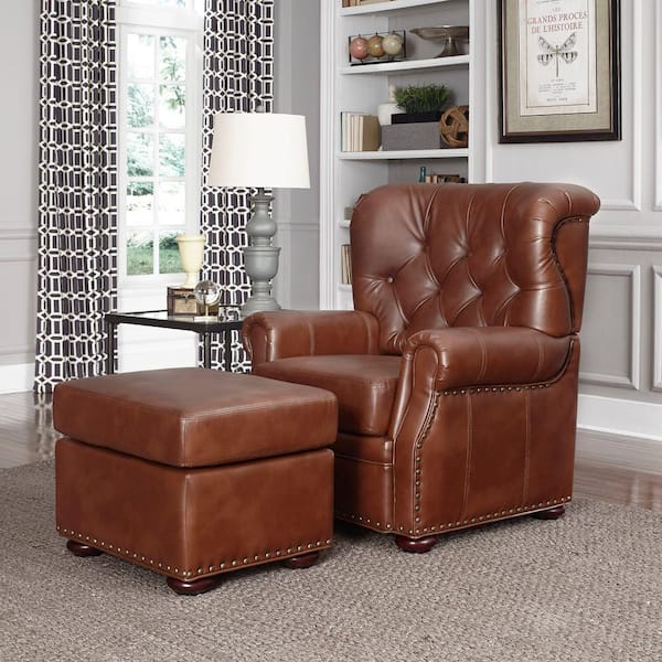 Home Styles Miles Saddle Brown Faux Leather Arm Chair with Ottoman
