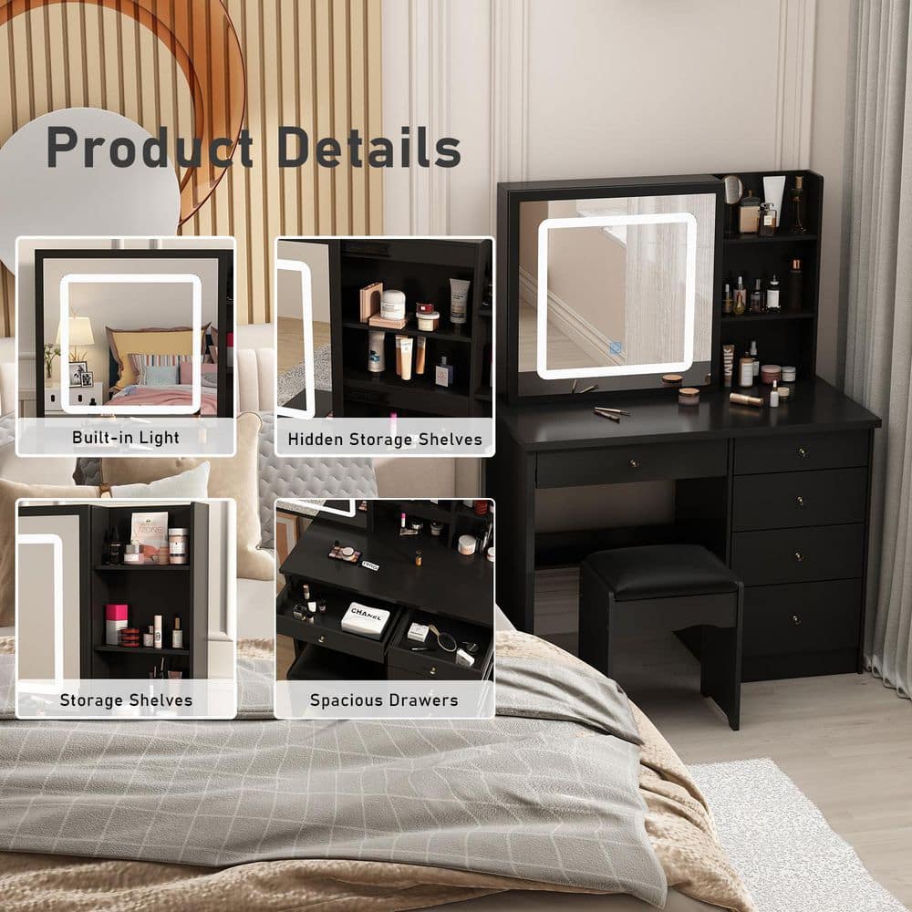 5-Drawers Black Wood LED Push-Pull Mirror Dresser with Stool and 3-Tier Storage Shelves 39.4 in. W - thumbnail 7
