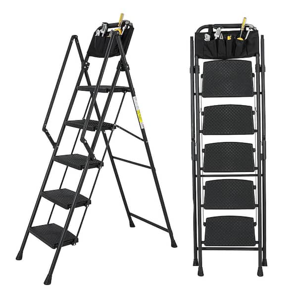 5ft. Reach, 5-Step Foldable Multi-Purpose Light Weight Ladder with Wide Anti Slip Pedal, Safety Handle and Storage Bag