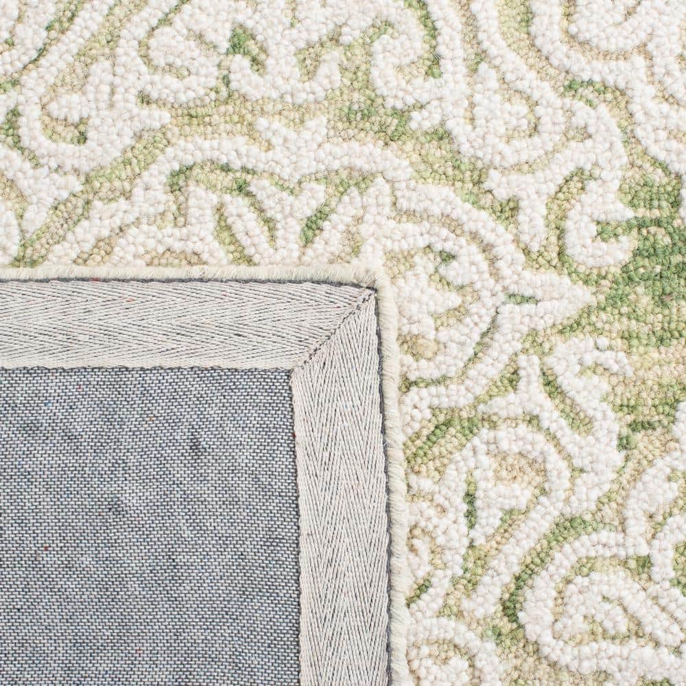 Ivory and Light Green Floral Wool Handmade Rug, 5' x 8'
