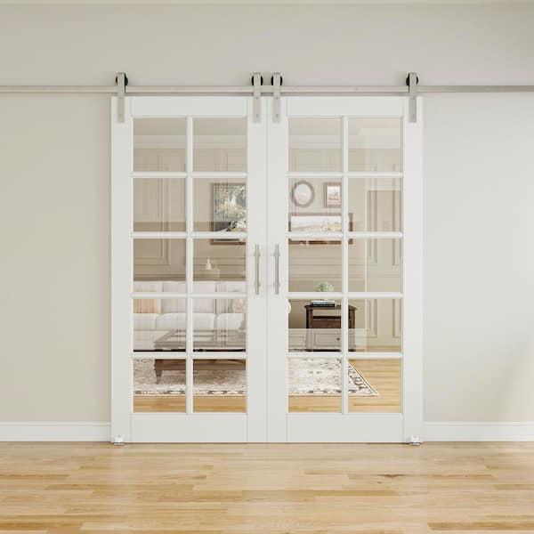 72 in. x 80 in. 10-Lite Clear Glass White Primed Glass Sliding Barn Door with Hardware Kit Nickel Plated