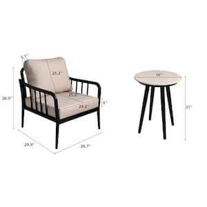 3-Piece Ember Black Aluminum Adjustable Patio Conversation Set with Beige Cushions, 2 Chaise Lounge, End Table, Wheels