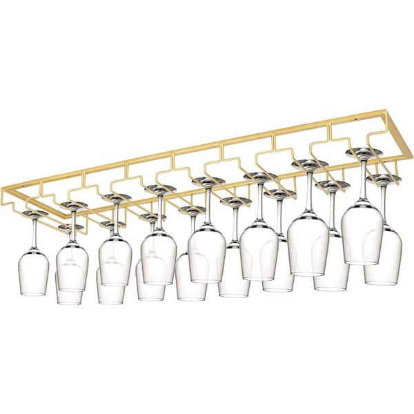 Wine Glass Rack Under Cabinet 8-Row Gold Metal Stemware Hanger DIY Bar Glass Storage with Screws Included