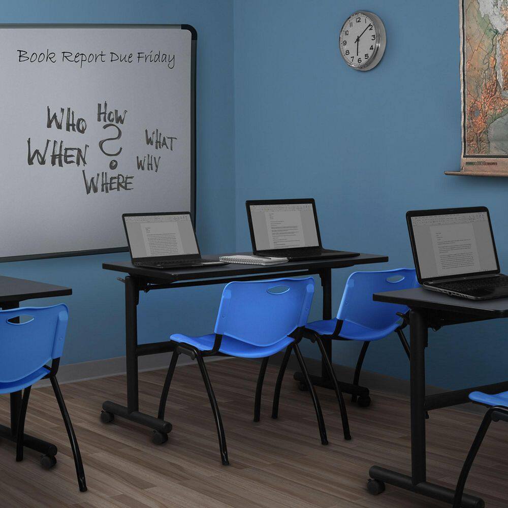 Kobe 48 in. x 24 in. Grey Flip-Top Training Nesting Table Desk, 2 M Stack Chairs-Blue