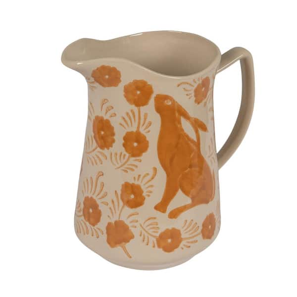 96 fl. oz. Brown Stoneware Hand-Painted Pitcher with Rabbit and Floral Motif
