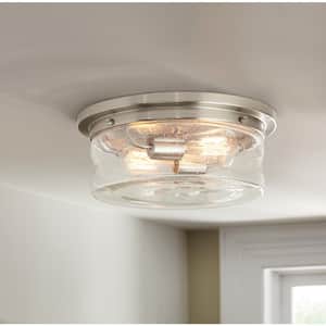 Silveroak 13 in. 2-Light Brushed Nickel Flush Mount with Clear Seedy Glass Shade