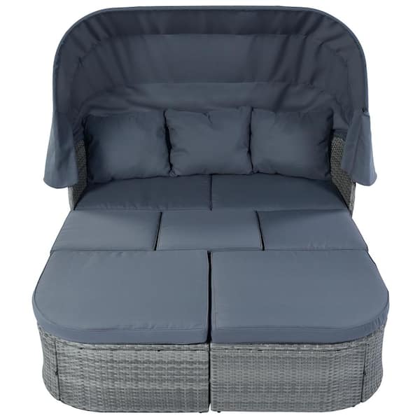 JimsMaison Gray Wicker Outdoor Day Bed with Gray Cushions and Retractable Canopy