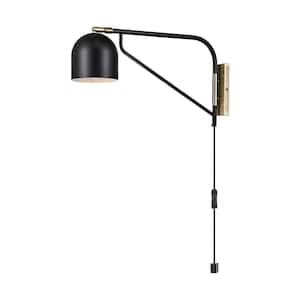 Mullin 1-Light Matte Black Plug-In Wall Sconce with Antique Brass Accent and LED Bulb Included
