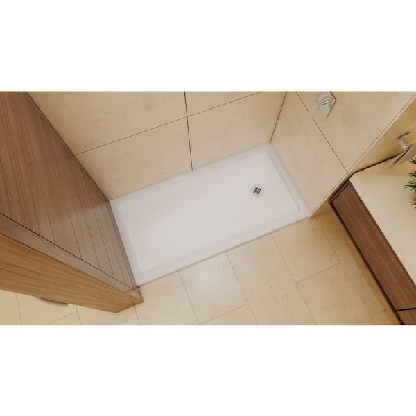 SlimLine 60 in. L x 32 in. W Alcove Rectangular White Shower Pan Base with 2 in. Round Right Drain in Chrome