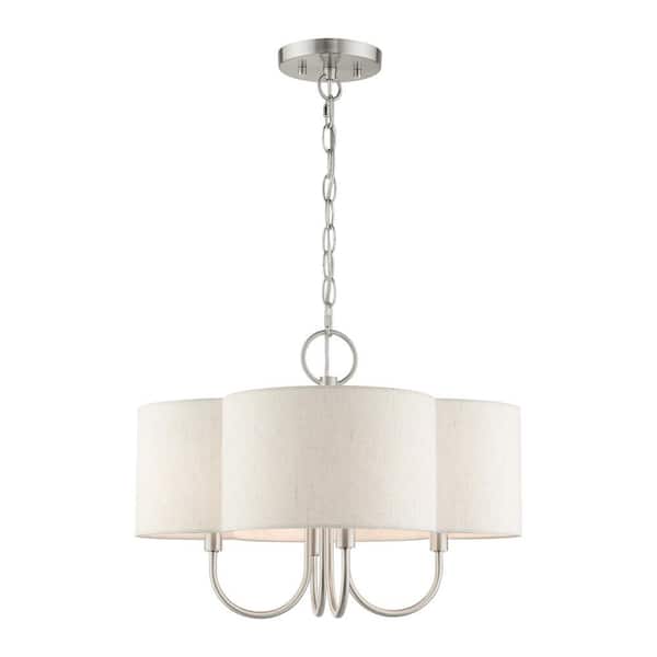 Maycrest 4-Light Brushed Nickel Chandelier with Scalloped Oatmeal Fabric Shade
