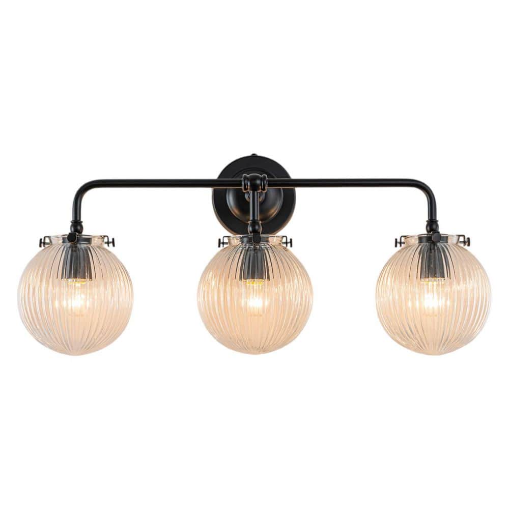 Loudoun 24 in. W 3-Light Linear Modern Matte Black Glass Bathroom Vanity Light with Ribbed Glass Globe Shades price history on PriceWatchPro