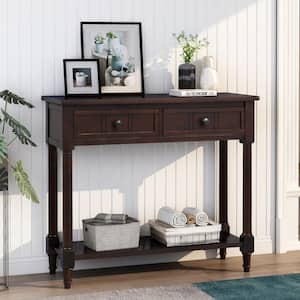 36 in. Rectangle Espresso Wood Console Table with 2-Drawers and Bottom Shelf