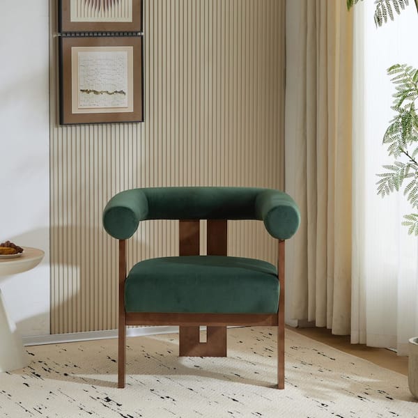 Green Velvet Upholstered Round Arm Chair with Solid Birch Wood Legs