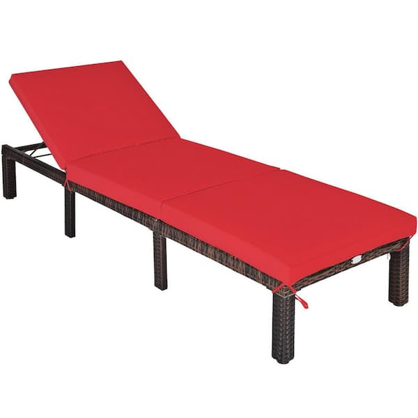 FORCLOVER 1-Piece Wicker Outdoor Adjustable Chaise Lounge with Red Cushion