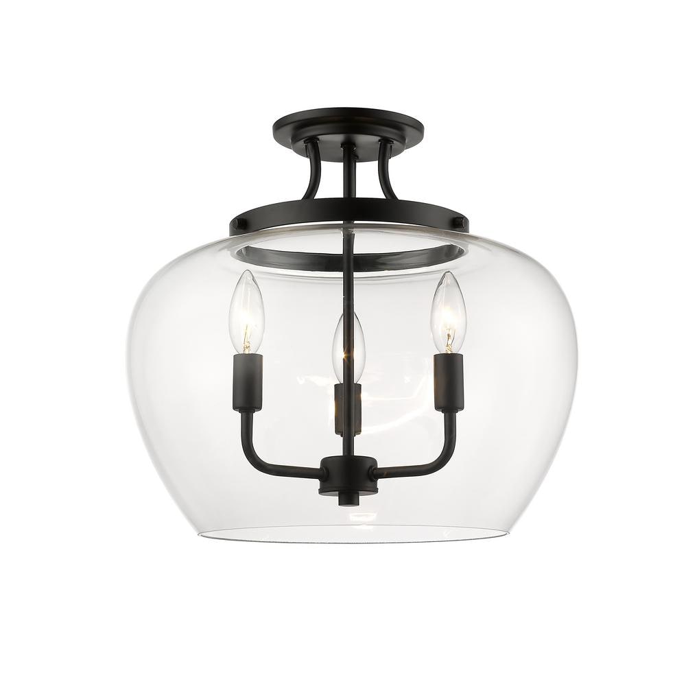 Matte Black Glass 3-Light Semi-Flush Mount Ceiling Fixture
