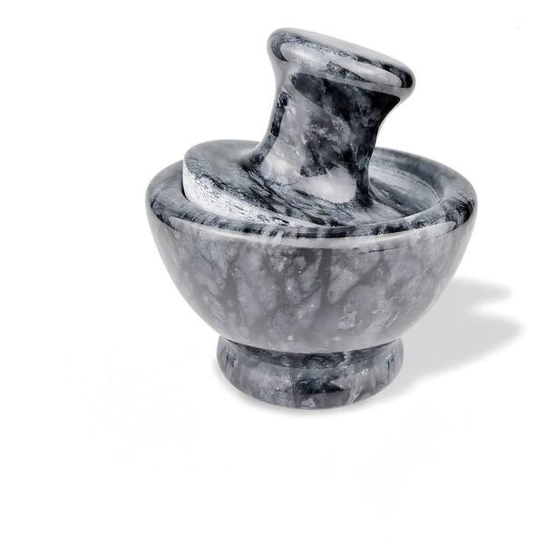 Gray Polished Marble Mortar and Pestle Set, 0.5 Cup Capacity with Non-Slip Silicone Pad for Grinding Spices Herbs Pills