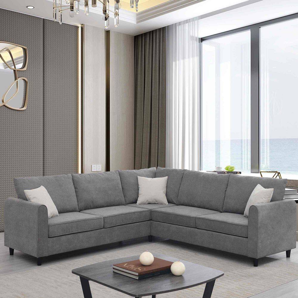 91 in. Round Arm Fabric Sectional Sofa with 3 Pillows in. Gray
