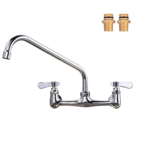 Double Handle WallMount Commercial Brass Standard Kitchen Faucet with 12 in. Swivel Spout 8 in. Center in PolishedChrome