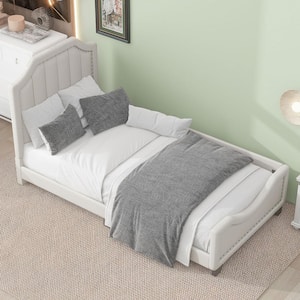 Beige Wood Frame Twin Size Linen Upholstered Platform Bed with Nailhead Trim, One Side Bedrail