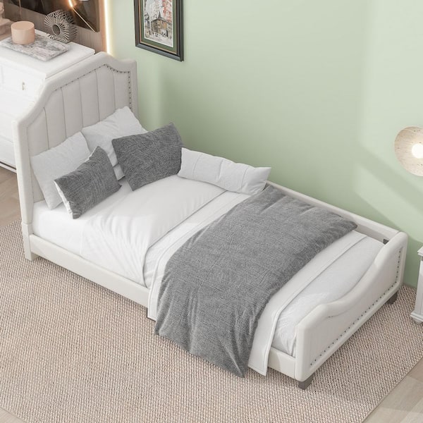 Harper & Bright Designs Beige Wood Frame Twin Size Linen Upholstered Platform Bed with Nailhead Trim, One Side Bedrail